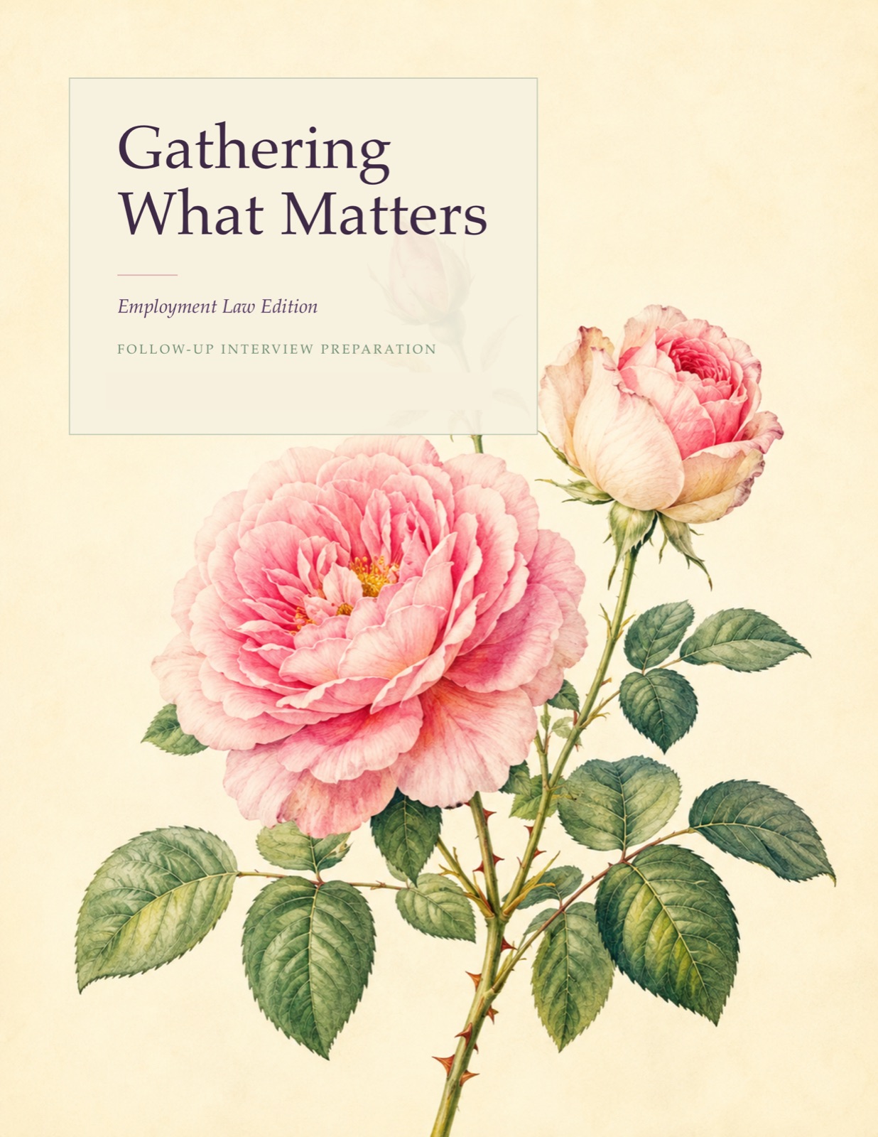 Gathering What Matters — Employment Law Edition. Watercolor botanical rose plate on cream paper with a framed title panel.